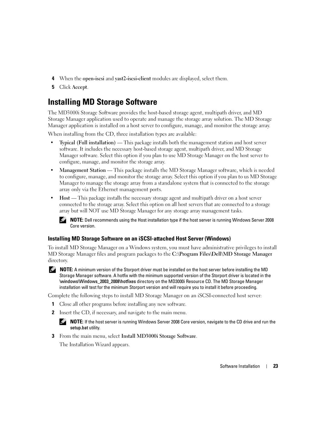 Dell 3000i manual Installing MD Storage Software 