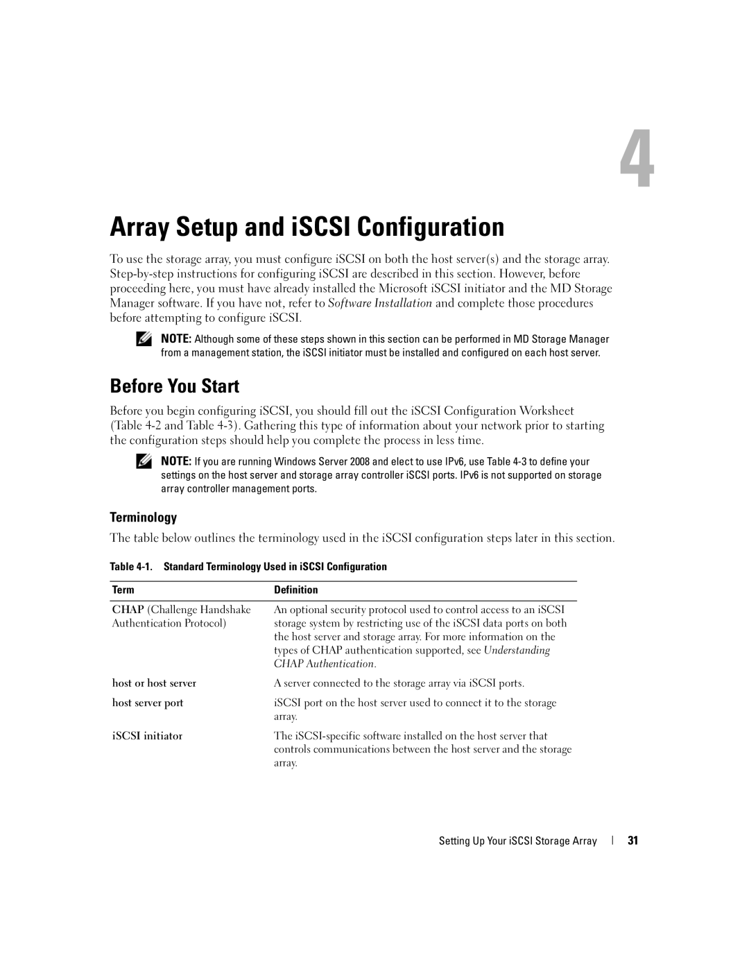 Dell 3000i manual Array Setup and iSCSI Configuration, Before You Start, Terminology 