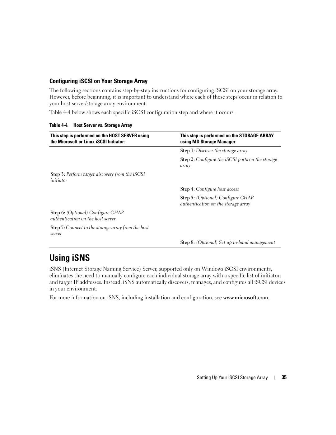 Dell 3000i manual Using iSNS, Configuring iSCSI on Your Storage Array 