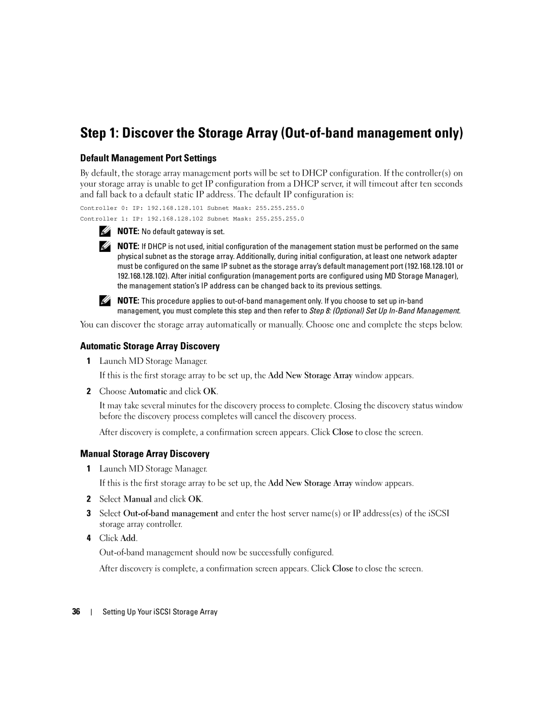 Dell 3000i manual Discover the Storage Array Out-of-band management only, Default Management Port Settings 