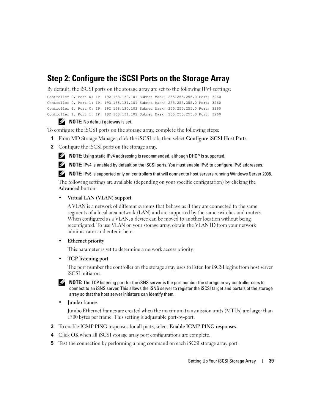 Dell 3000i manual Configure the iSCSI Ports on the Storage Array 