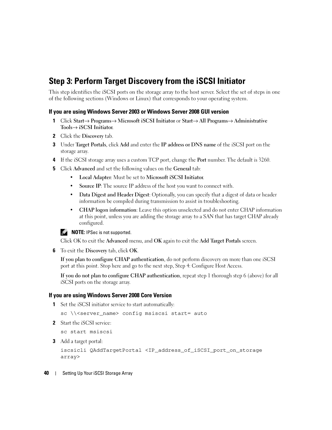 Dell 3000i manual Perform Target Discovery from the iSCSI Initiator, If you are using Windows Server 2008 Core Version 