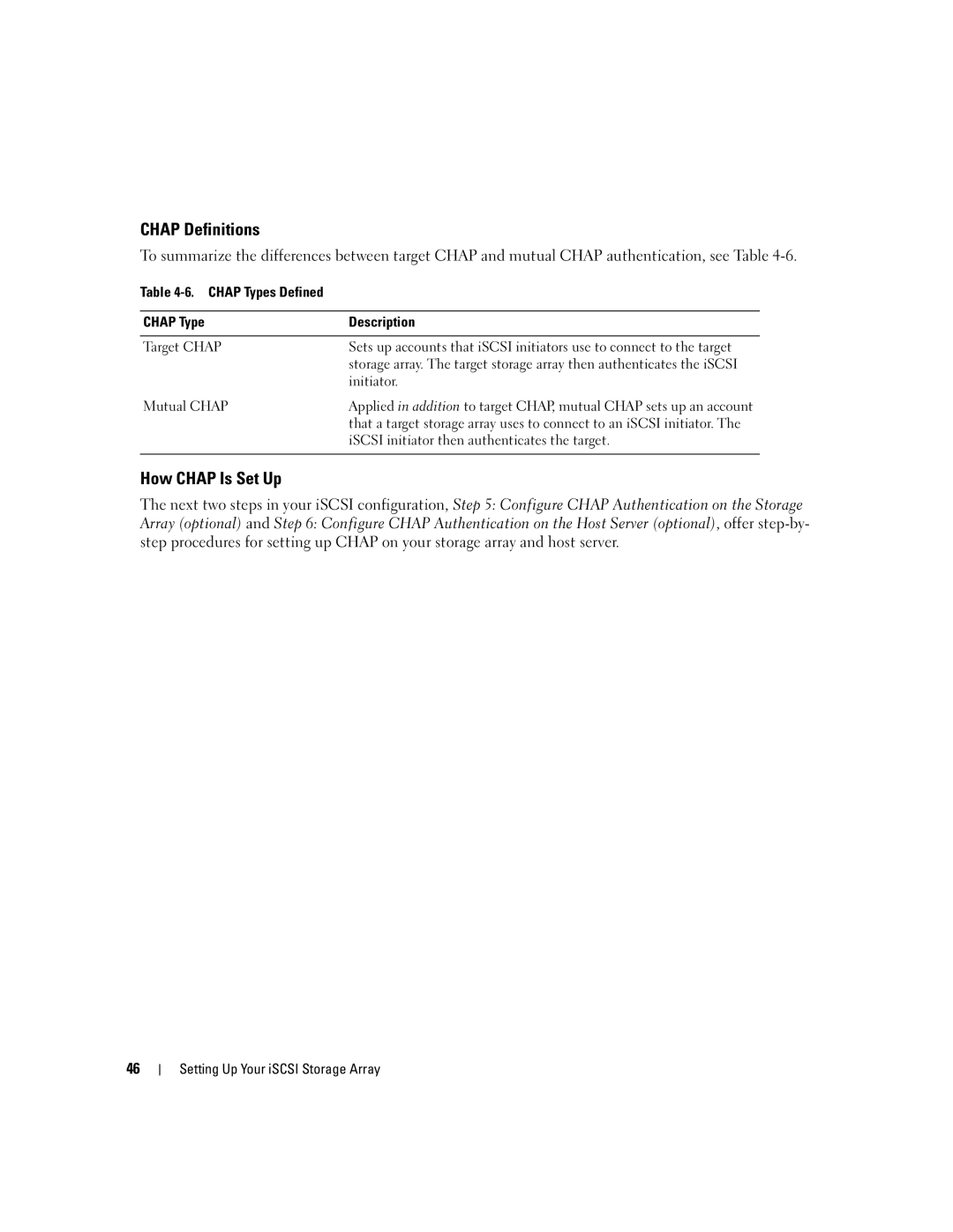 Dell 3000i manual Chap Definitions, How Chap Is Set Up, Chap Types Defined Description 