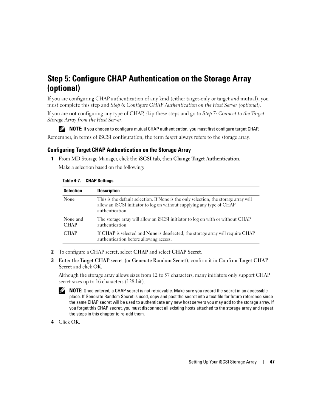 Dell 3000i manual Configure Chap Authentication on the Storage Array optional, Chap Settings Selection Description None 