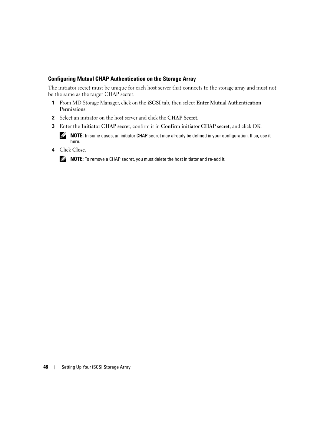 Dell 3000i manual Configuring Mutual Chap Authentication on the Storage Array 