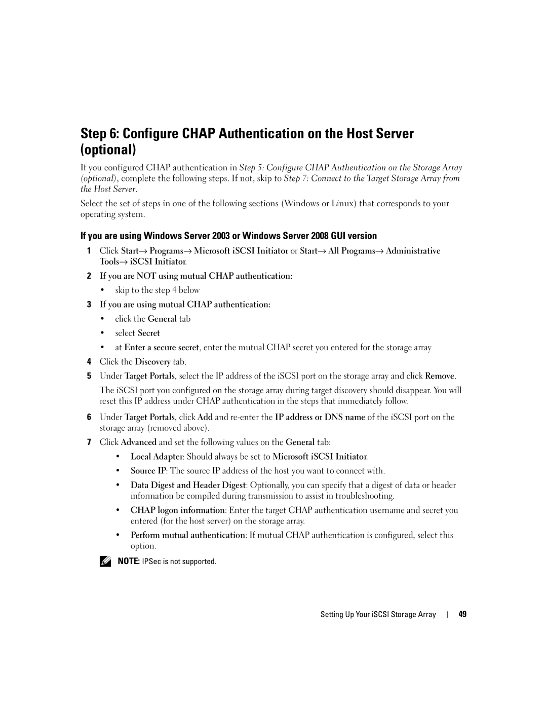 Dell 3000i manual Configure Chap Authentication on the Host Server optional 