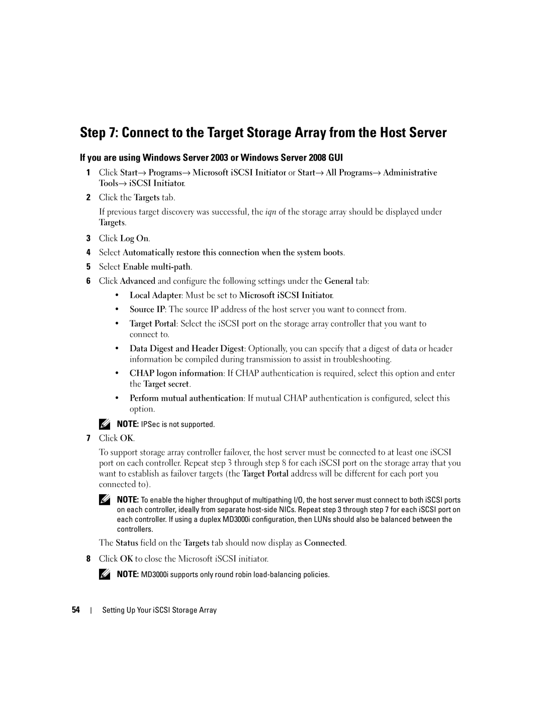 Dell 3000i manual Connect to the Target Storage Array from the Host Server 