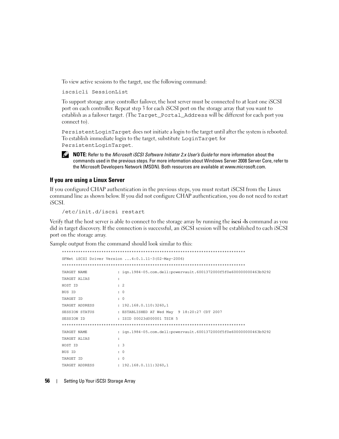 Dell 3000i manual If you are using a Linux Server, Iscsicli SessionList 