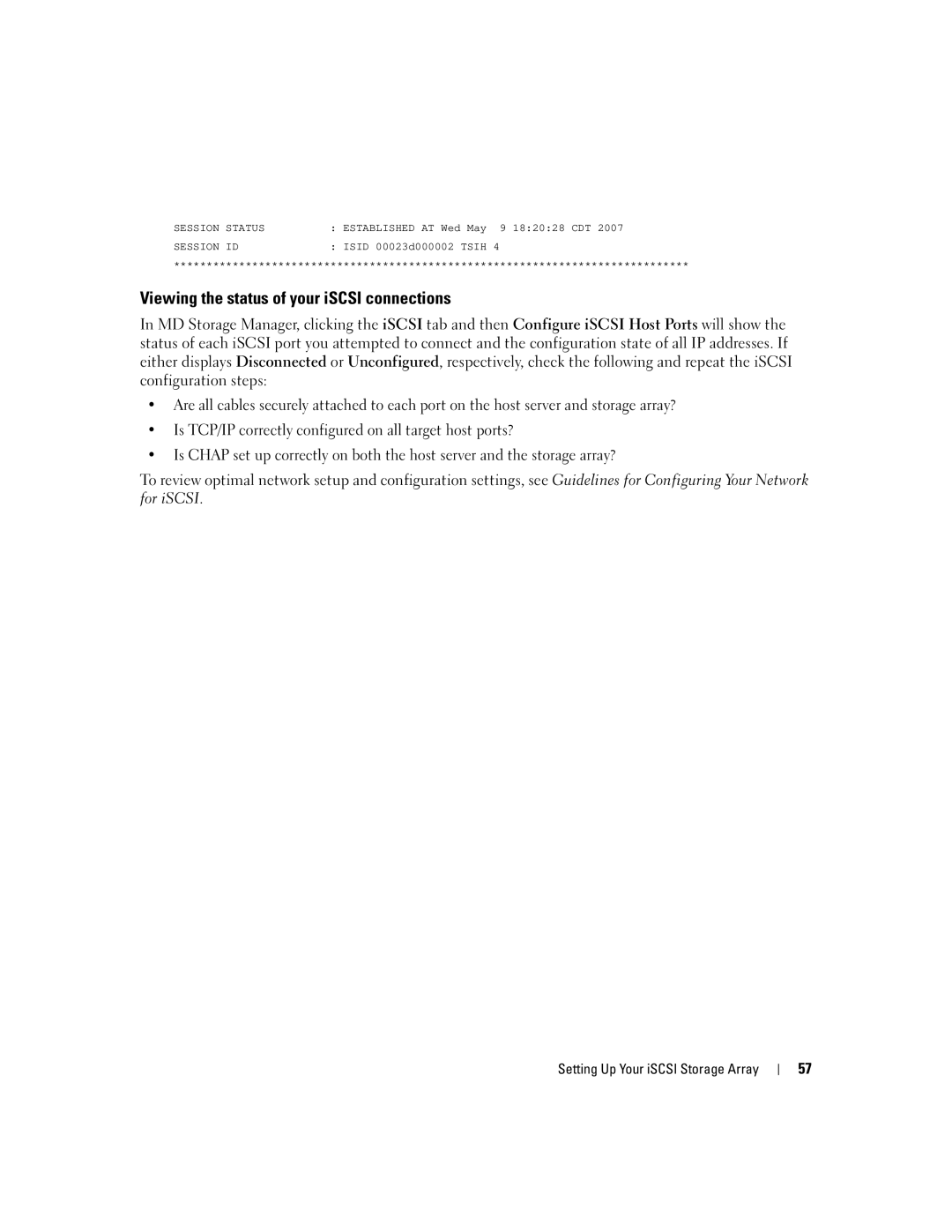 Dell 3000i manual Viewing the status of your iSCSI connections 