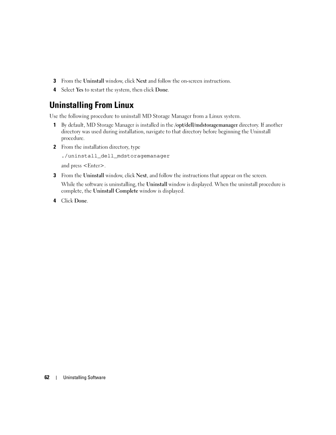 Dell 3000i manual Uninstalling From Linux, Uninstalldellmdstoragemanager and press Enter 
