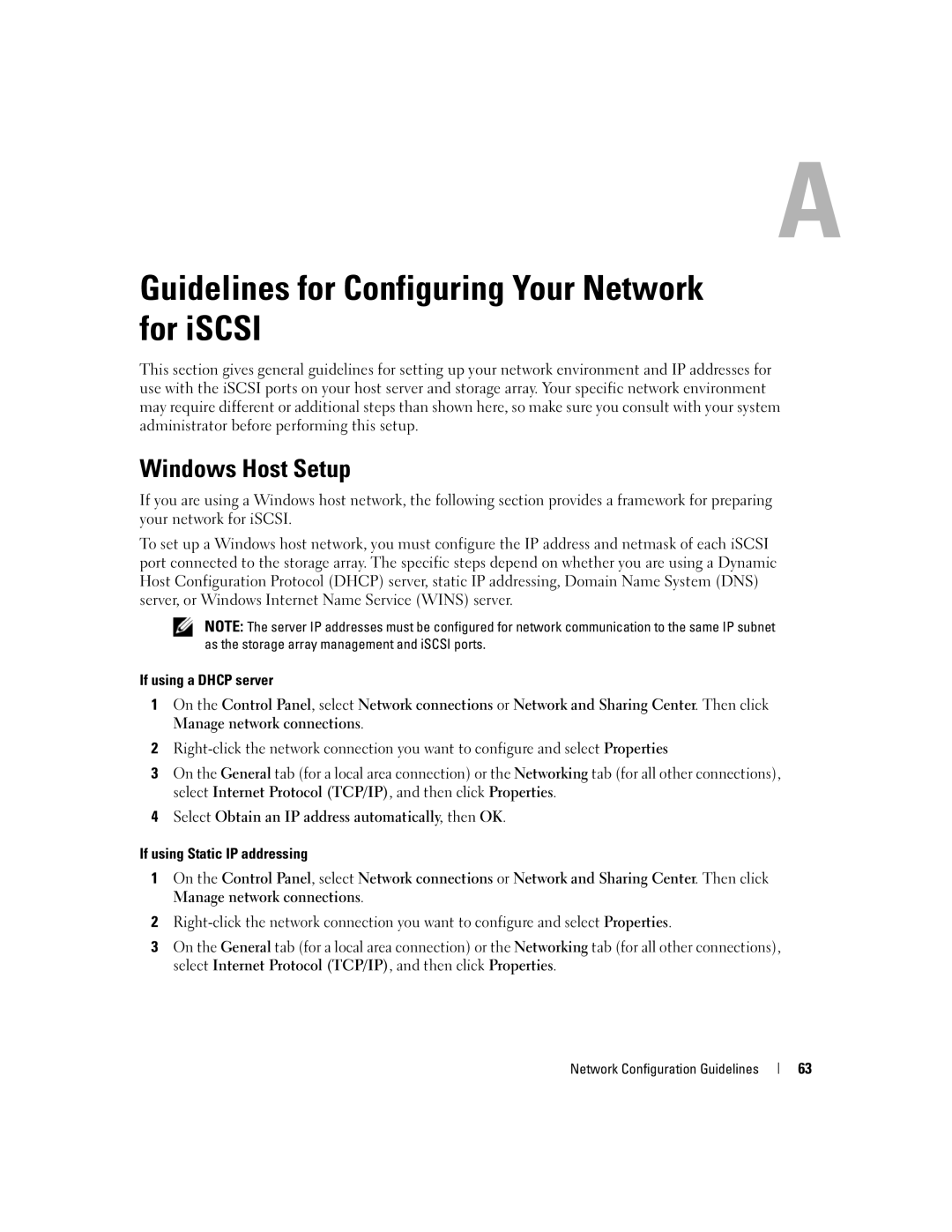 Dell 3000i manual Guidelines for Configuring Your Network for iSCSI, Windows Host Setup, Network Configuration Guidelines 