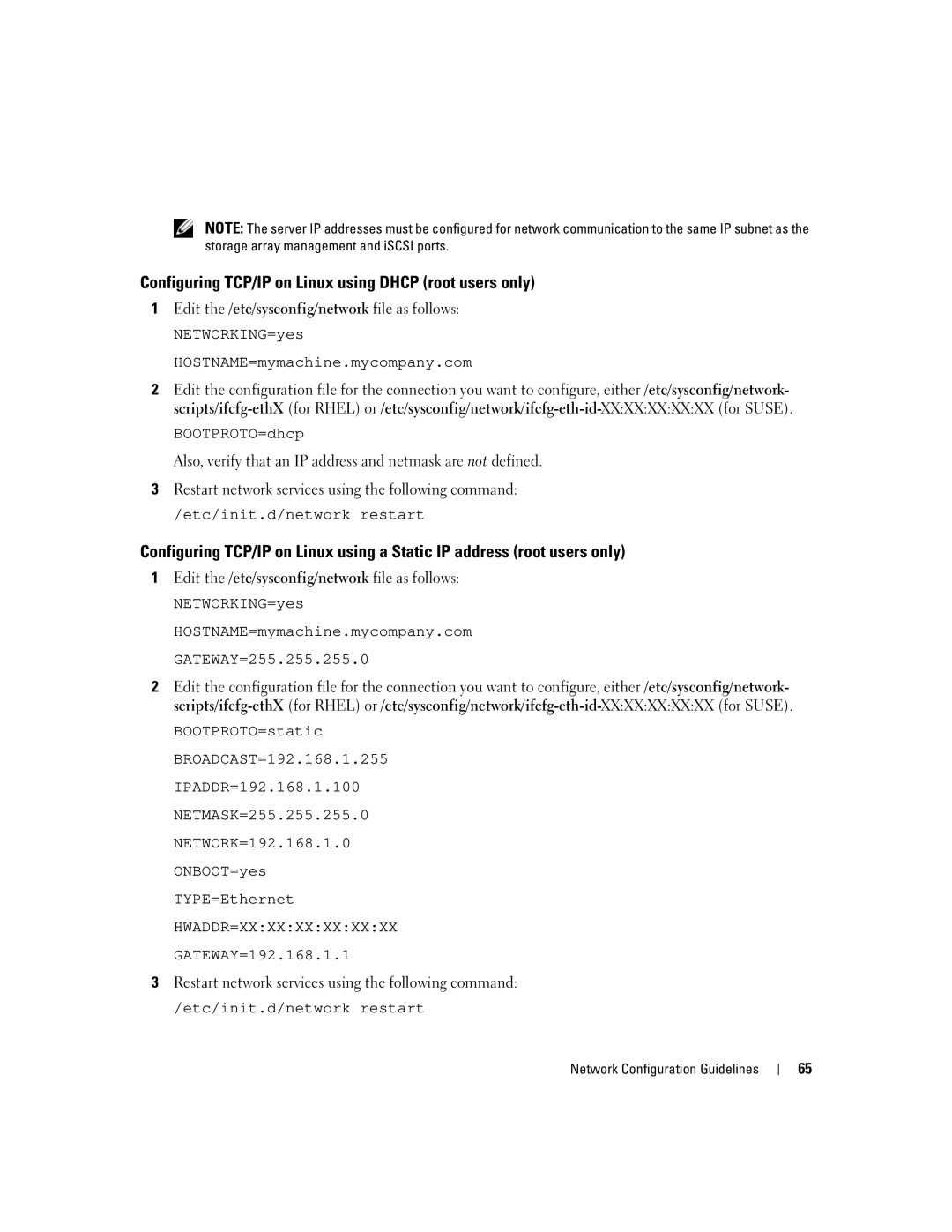 Dell 3000i manual Configuring TCP/IP on Linux using Dhcp root users only, NETWORKING=yes HOSTNAME=mymachine.mycompany.com 