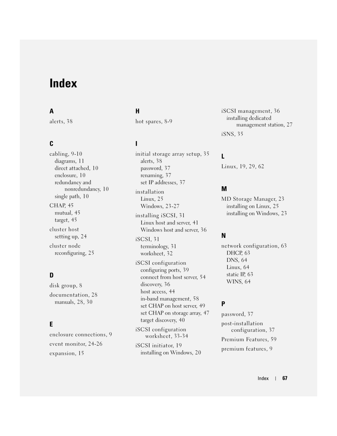 Dell 3000i manual Index, Linux, 64 static IP, 63 Wins 