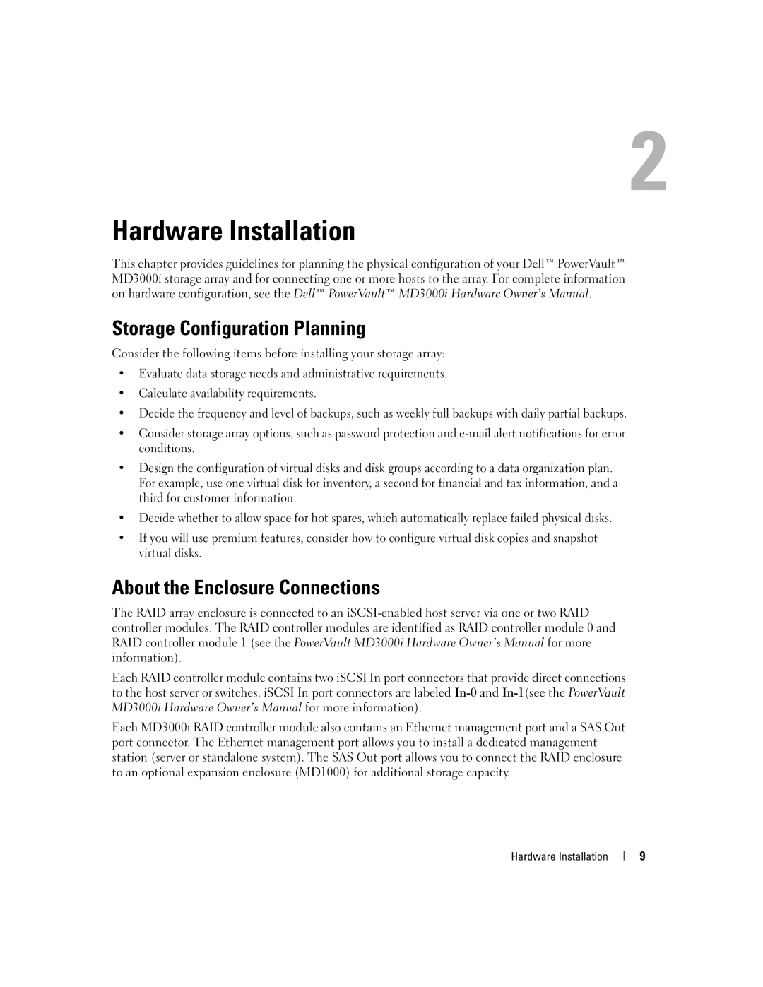 Dell 3000i manual Hardware Installation, Storage Configuration Planning, About the Enclosure Connections 