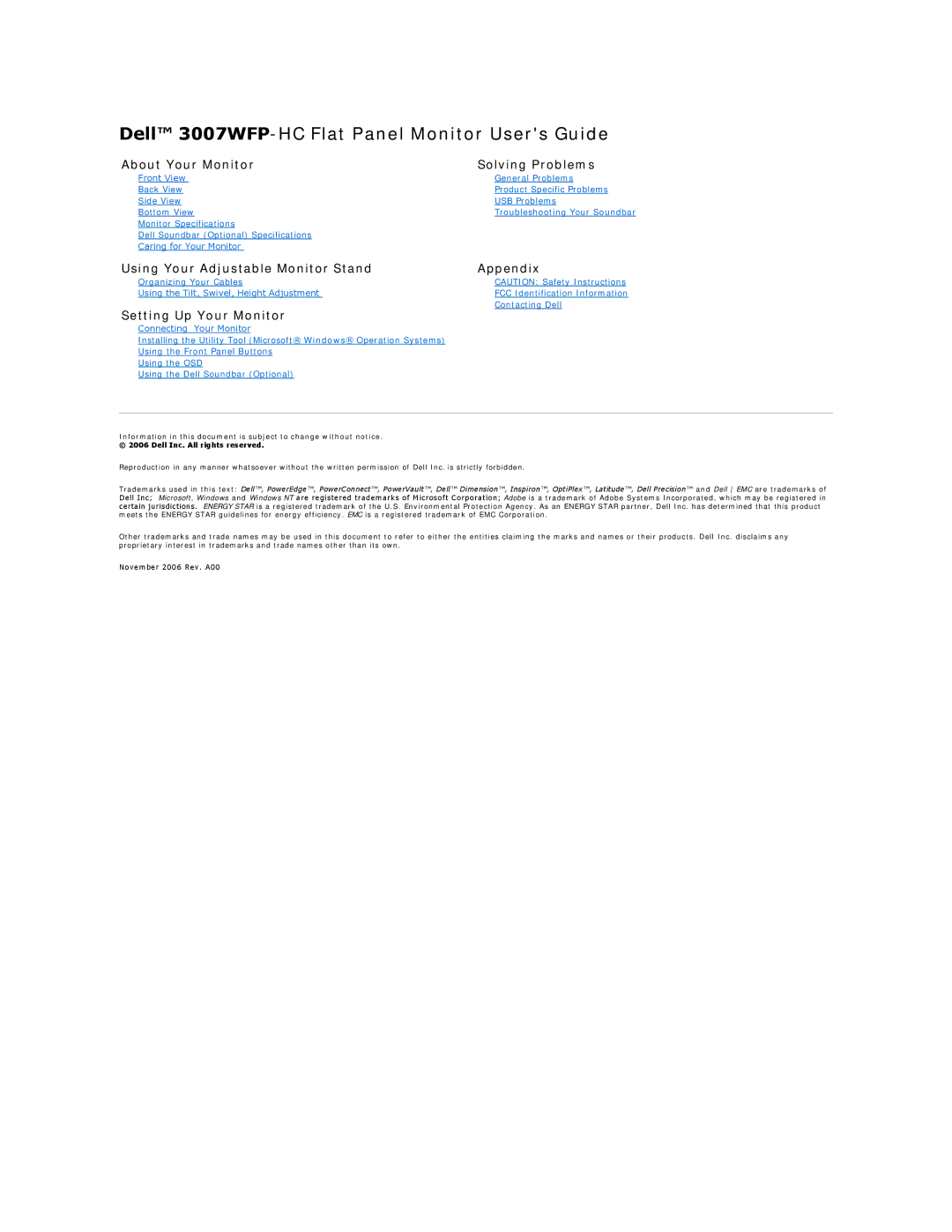 Dell appendix Dell 3007WFP-HC Flat Panel Monitor Users Guide, About Your Monitor Solving Problems 