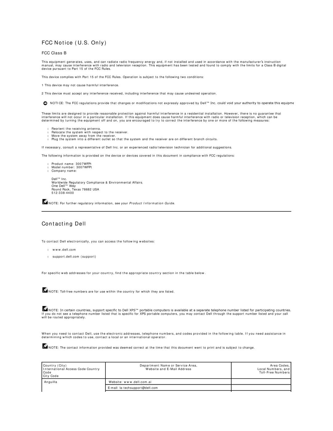 Dell 3007WFP-HC appendix FCC Notice U.S. Only, Contacting Dell 