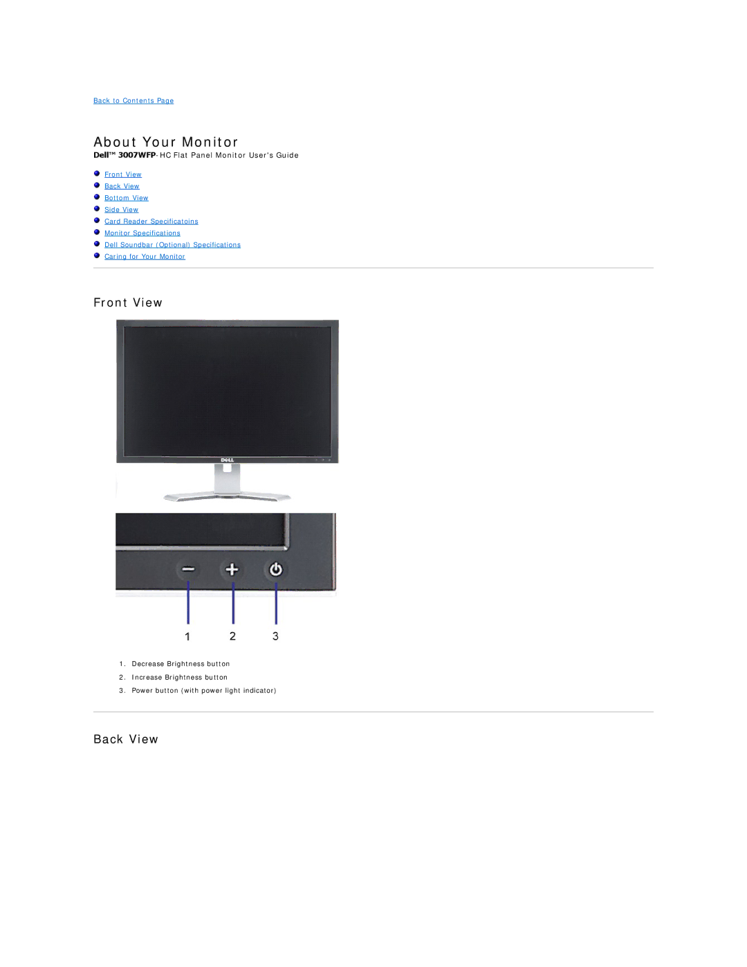 Dell 3007WFP-HC appendix About Your Monitor, Front View, Back View 