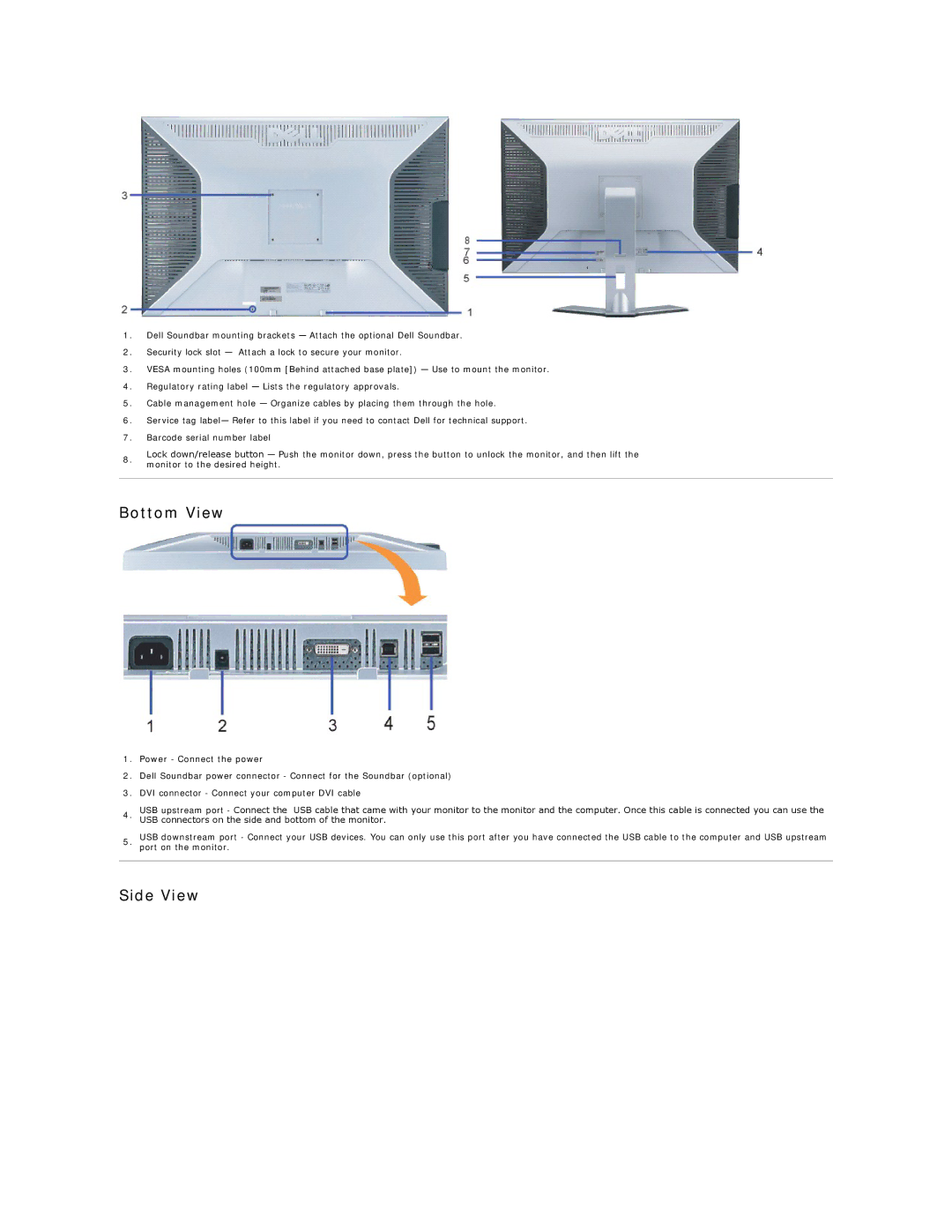 Dell 3007WFP-HC appendix Bottom View, Side View 