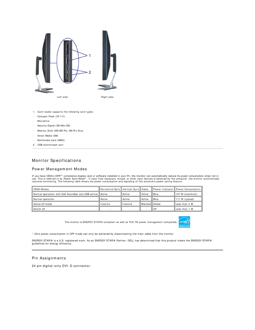 Dell 3007WFP-HC appendix Monitor Specifications, Power Management Modes, Pin Assignments 