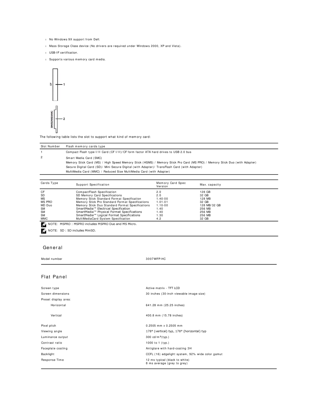 Dell 3007WFP-HC appendix General, Flat Panel, Slot Number Flash memory cards type 