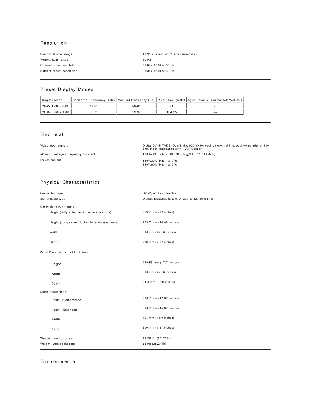 Dell 3007WFP-HC appendix Resolution, Preset Display Modes, Electrical, Physical Characteristics, Environmental 