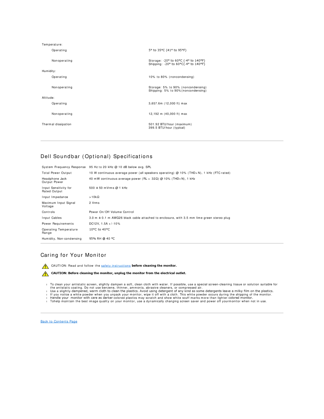 Dell 3007WFP-HC appendix Dell Soundbar Optional Specifications, Caring for Your Monitor 