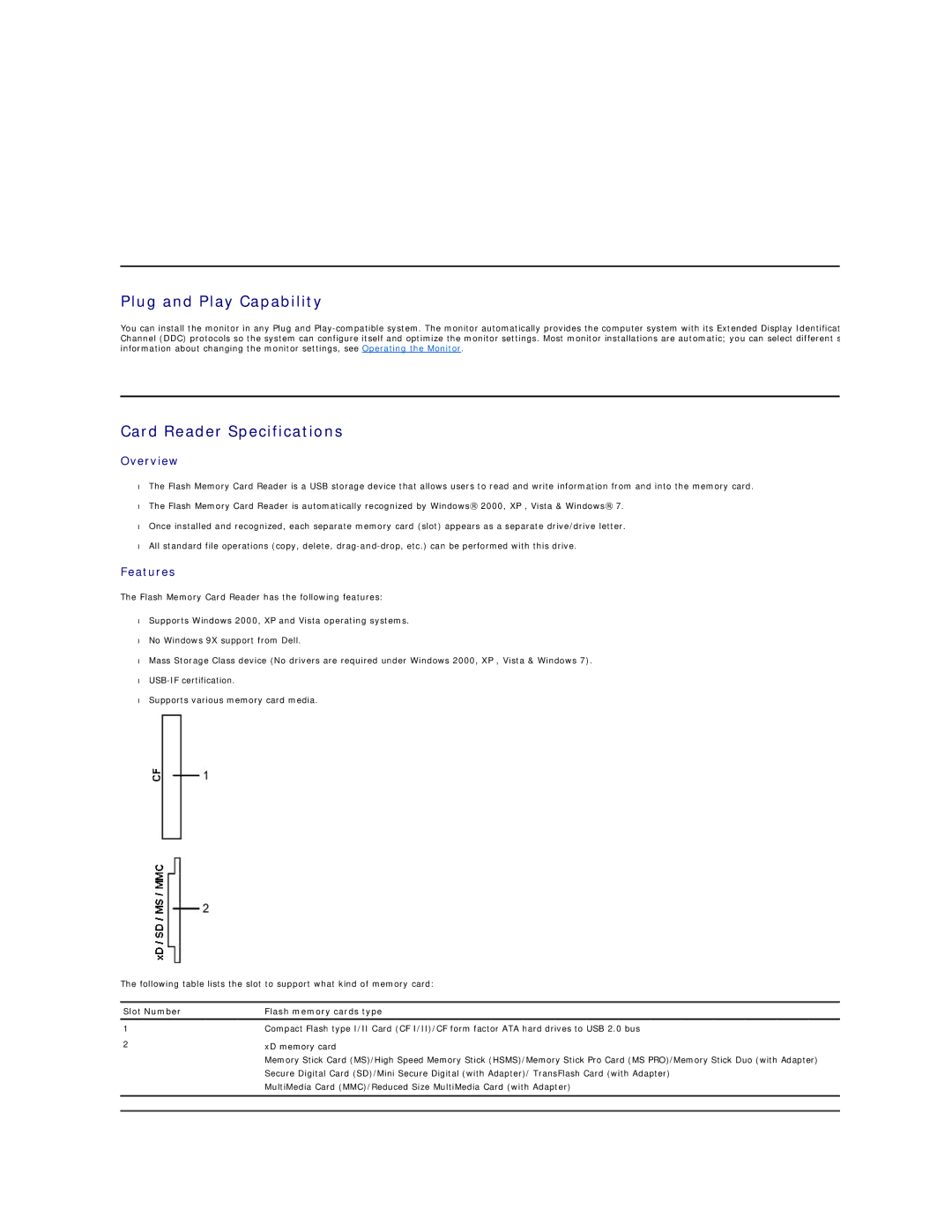 Dell 3008WFP appendix Plug and Play Capability, Card Reader Specifications, Slot Number Flash memory cards type 