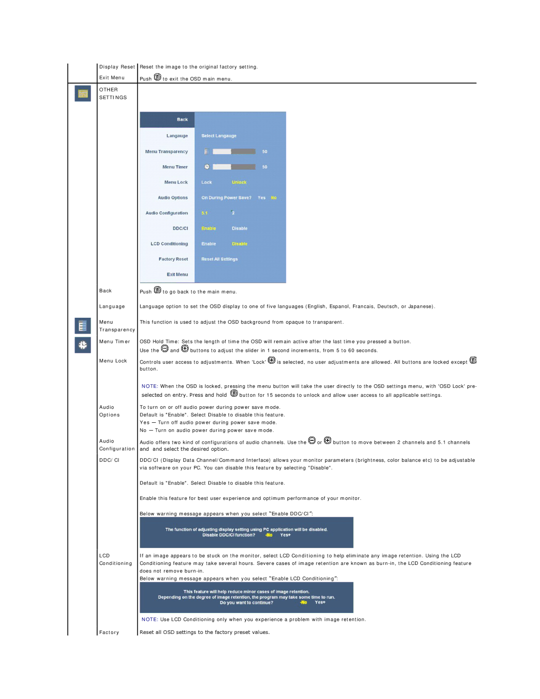 Dell 3008WFP appendix Display Reset Exit Menu, Back Language Menu Transparency Menu Timer, Menu Lock Audio Options 