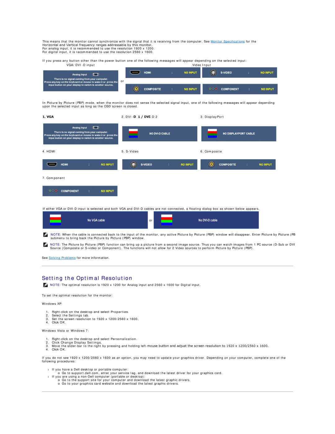 Dell 3008WFP appendix Setting the Optimal Resolution, VGA DVI-D 1 / DVI-D DisplayPort, Video Composite Component 