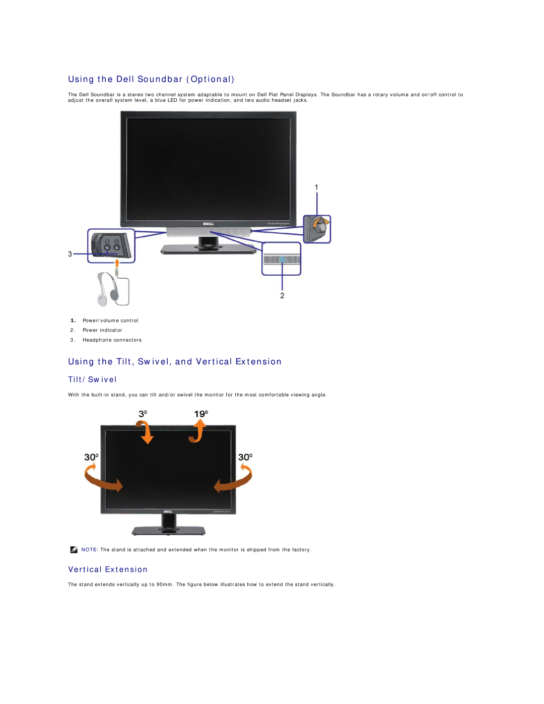 Dell 3008WFP appendix Using the Dell Soundbar Optional, Using the Tilt, Swivel, and Vertical Extension, Tilt/Swivel 