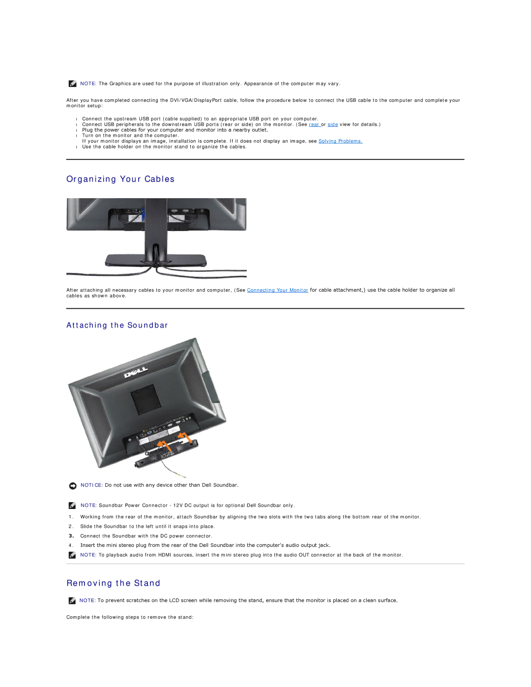 Dell 3008WFP appendix Organizing Your Cables, Removing the Stand, Attaching the Soundbar 