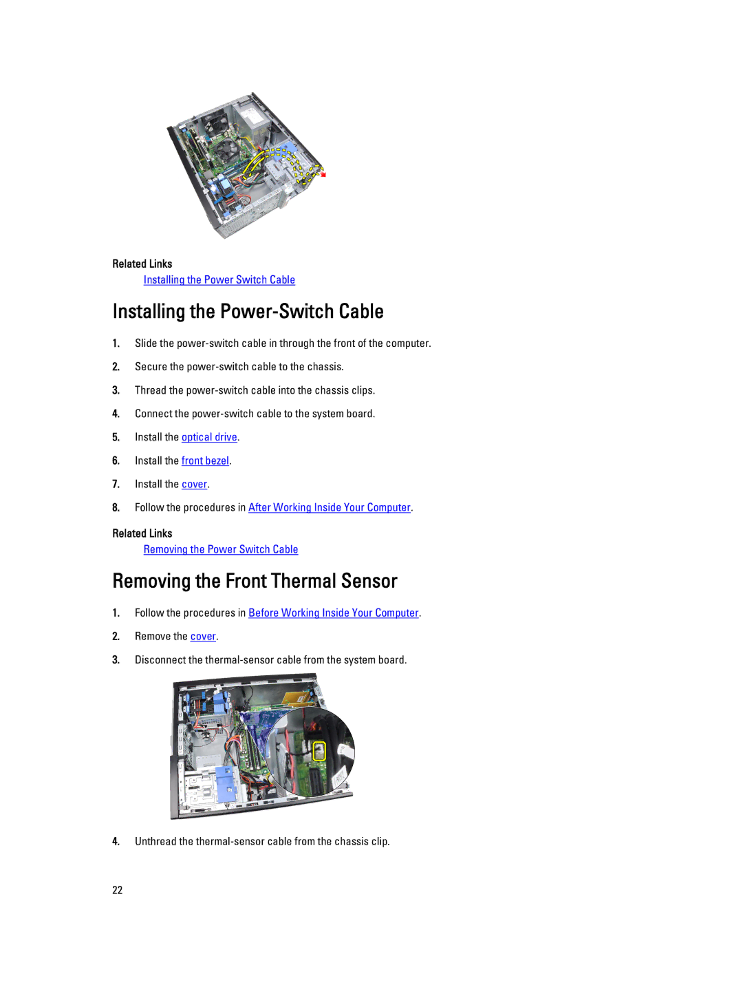 Dell 3010 owner manual Installing the Power-Switch Cable, Removing the Front Thermal Sensor 