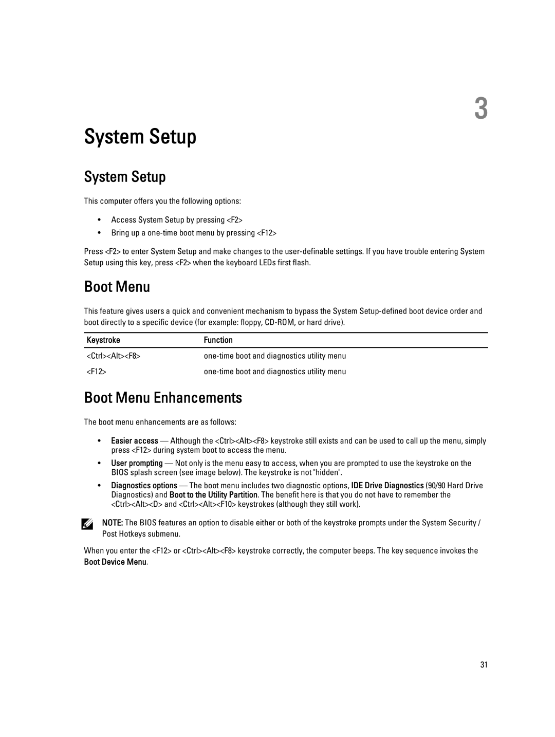 Dell 3010 owner manual System Setup, Boot Menu Enhancements, Keystroke Function 