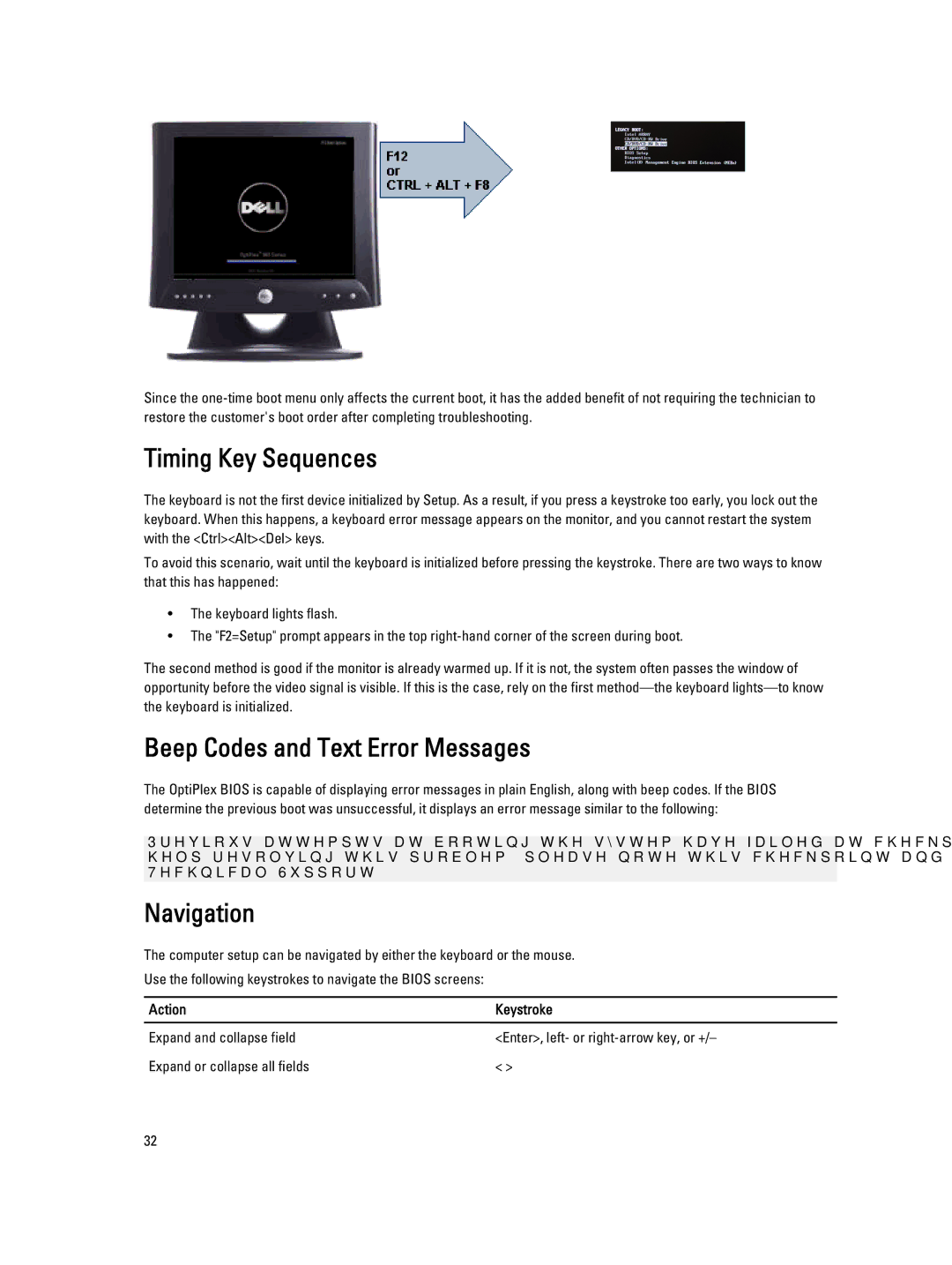 Dell 3010 owner manual Timing Key Sequences, Beep Codes and Text Error Messages, Navigation, Action Keystroke 