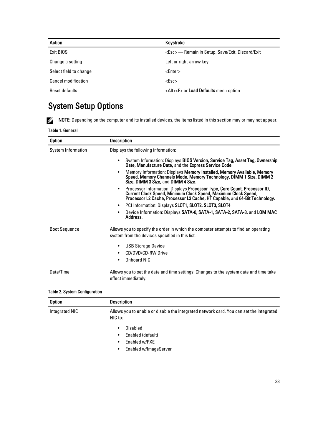 Dell 3010 System Setup Options, Option Description, Date, Manufacture Date, and the Express Service Code, Address 