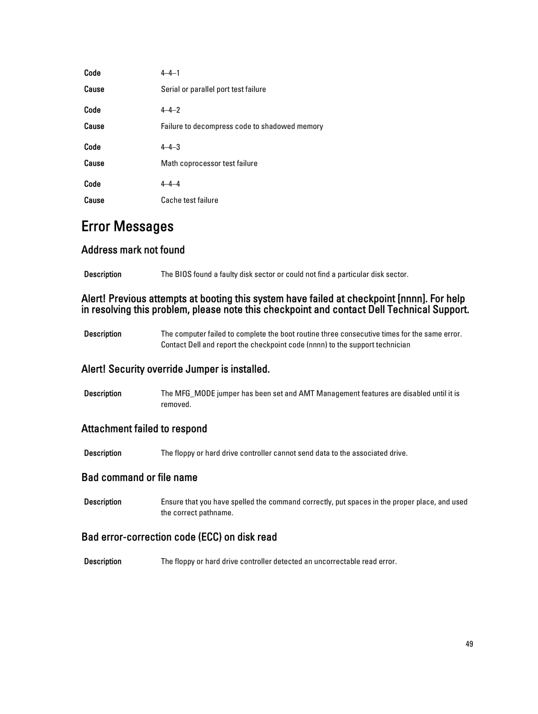 Dell 3010 owner manual Error Messages 