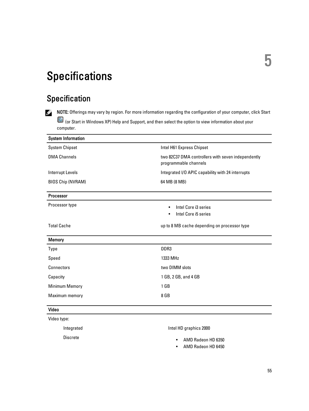 Dell 3010 owner manual Specification, System Information, Processor, Memory, Video 