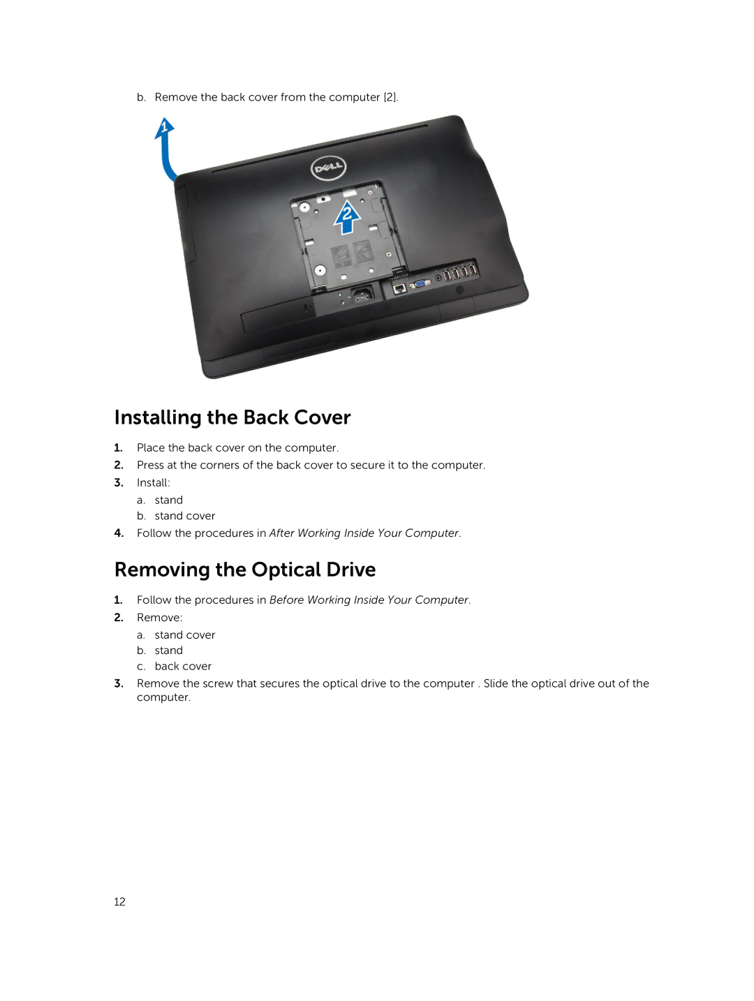 Dell 3030 owner manual Installing the Back Cover, Removing the Optical Drive 