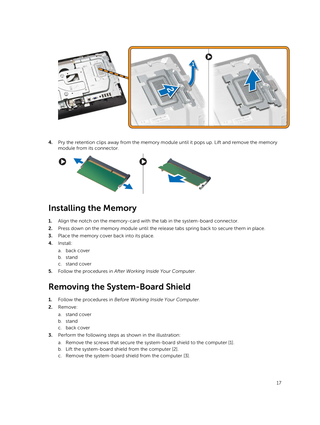 Dell 3030 owner manual Installing the Memory, Removing the System-Board Shield 