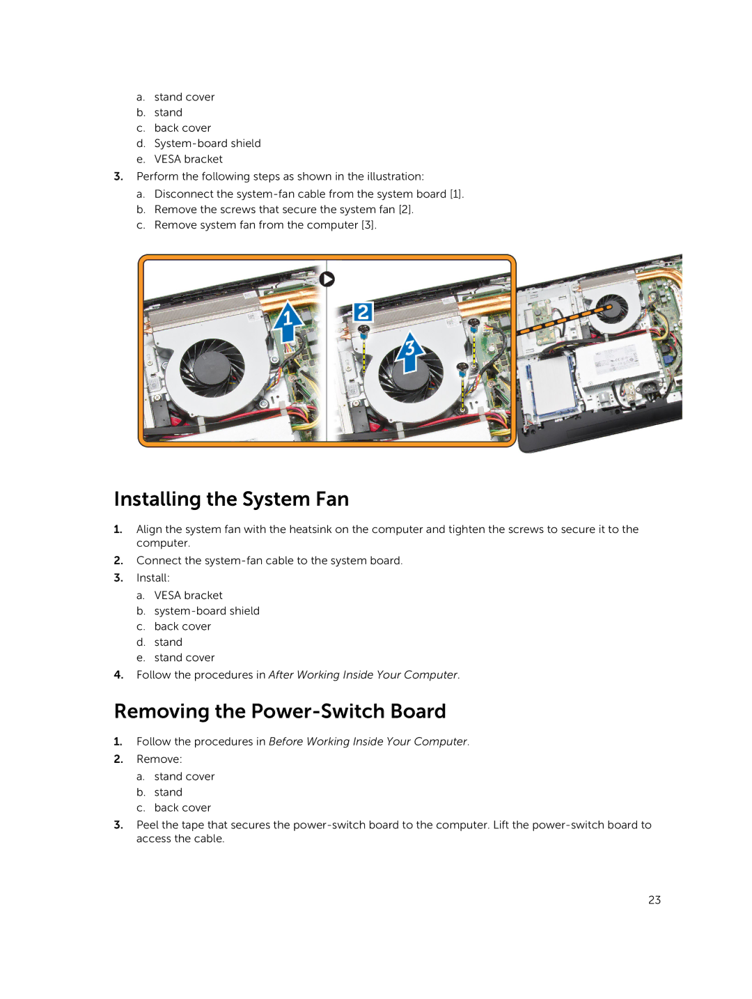 Dell 3030 owner manual Installing the System Fan, Removing the Power-Switch Board 