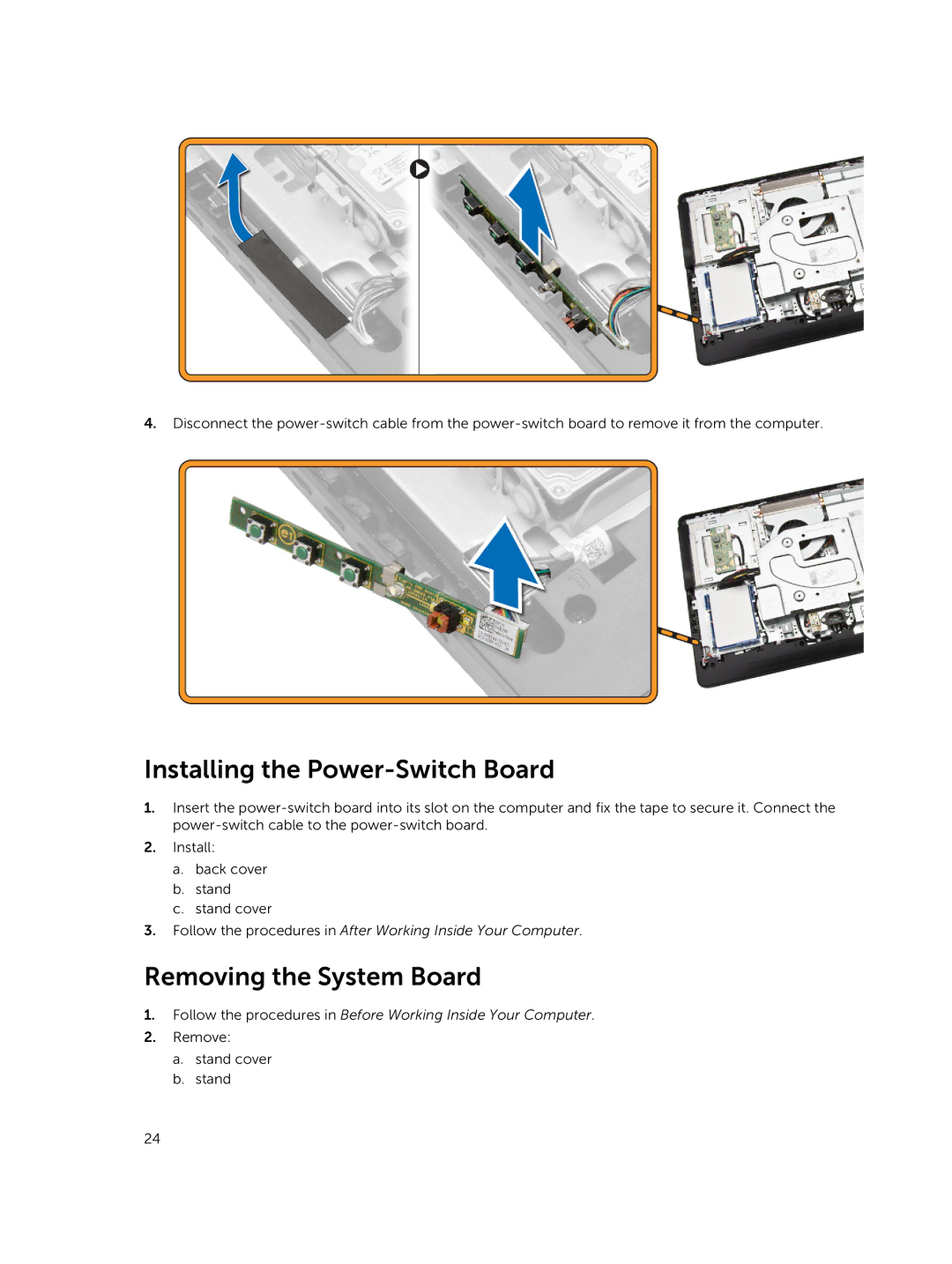 Dell 3030 owner manual Installing the Power-Switch Board, Removing the System Board 