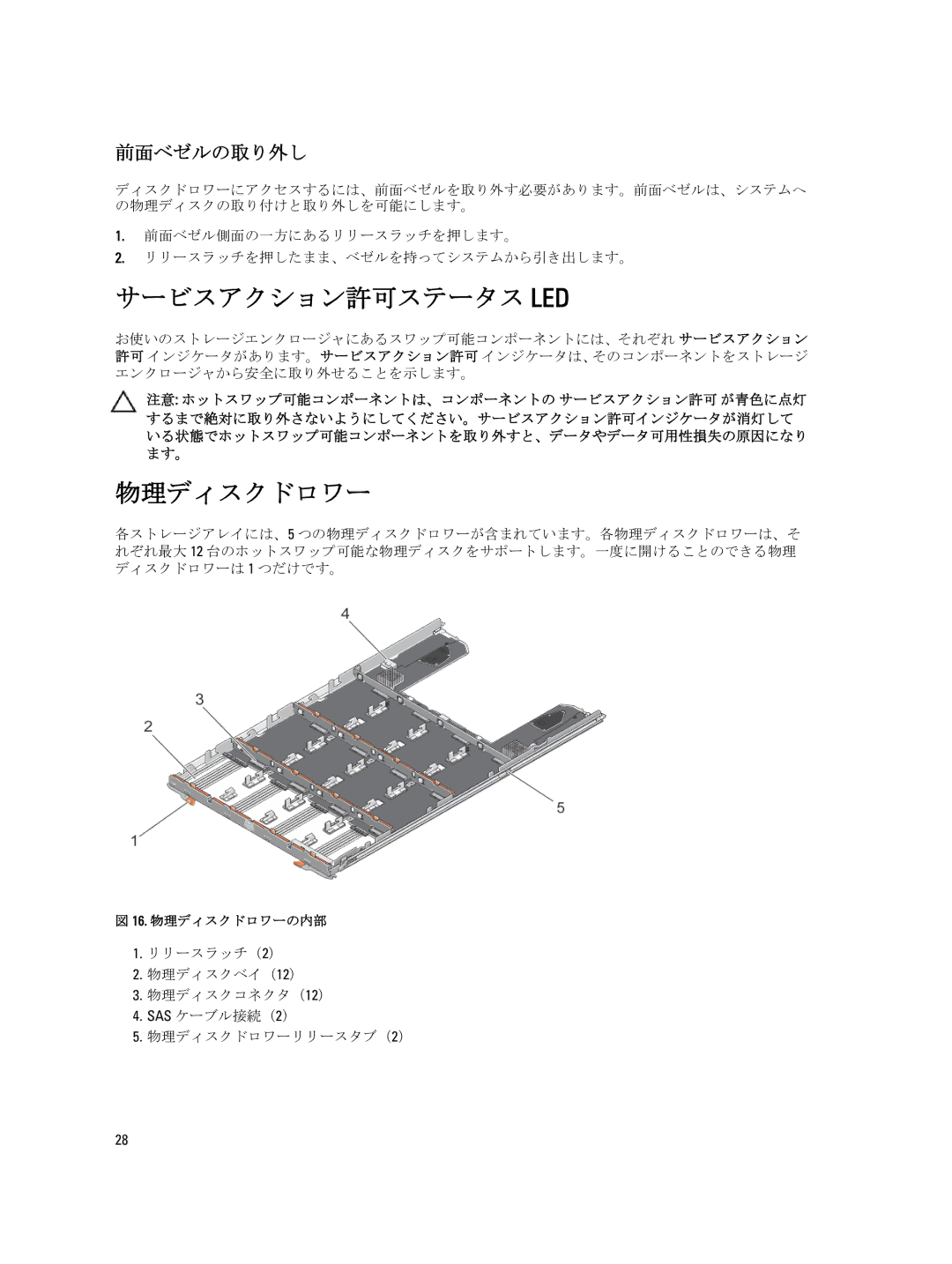 Dell 3660i, 3060e, 3660f, 3260i, MD3260 manual サービスアクション許可ステータス Led, 物理ディスクドロワー, 前面ベゼルの取り外し 