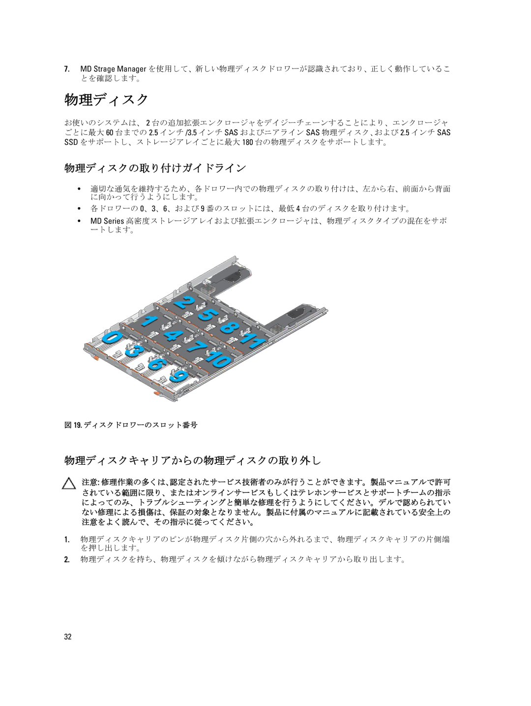 Dell 3260i, 3060e, 3660f 物理ディスクの取り付けガイドライン, 物理ディスクキャリアからの物理ディスクの取り外し, SSD をサポートし、ストレージアレイごとに最大 180 台の物理ディスクをサポートします。 