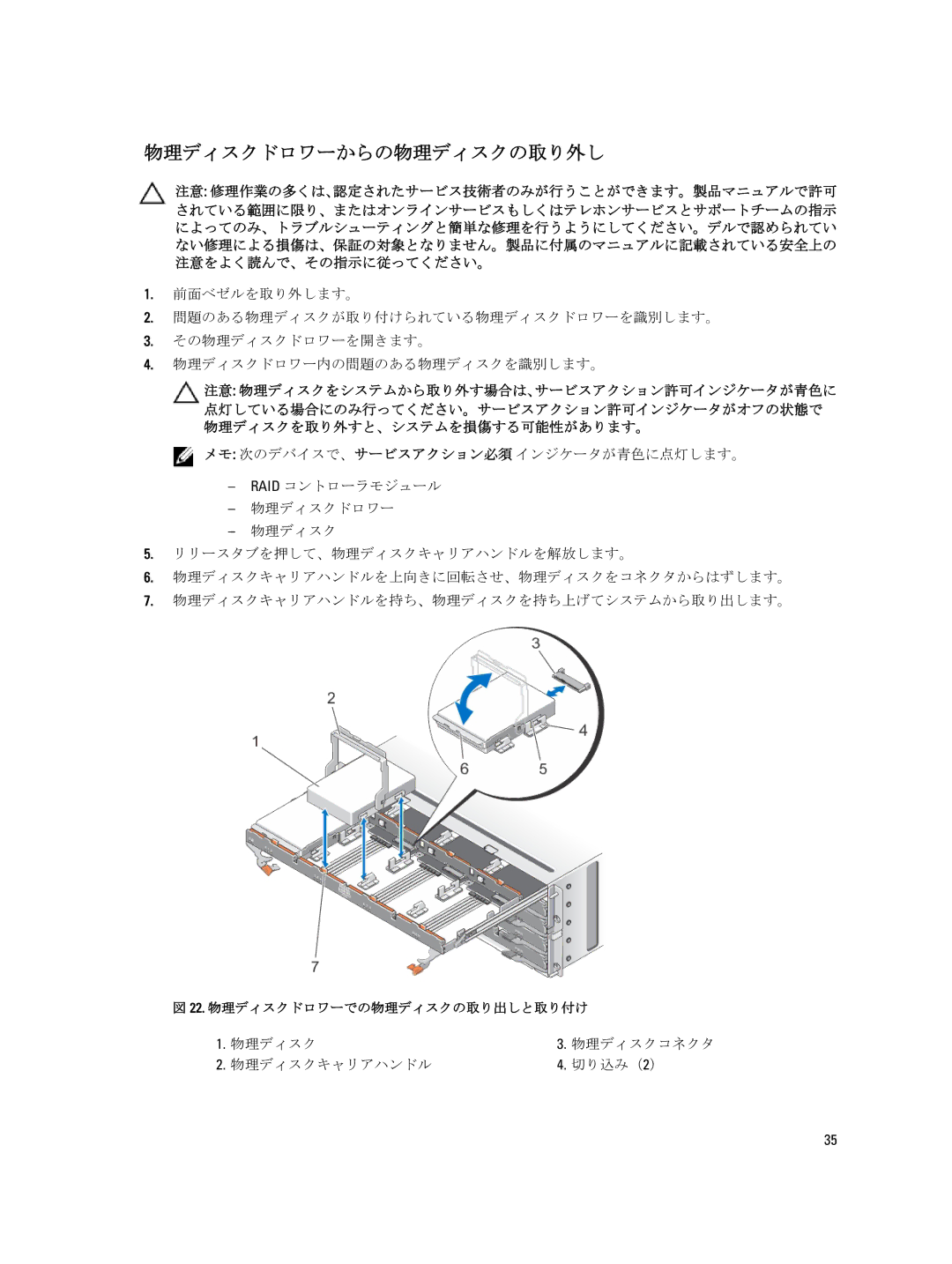 Dell 3060e, 3660f, 3260i, 3660i, MD3260 manual 物理ディスクドロワーからの物理ディスクの取り外し, 物理ディスク 物理ディスクコネクタ 物理ディスクキャリアハンドル 切り込み（ 2） 