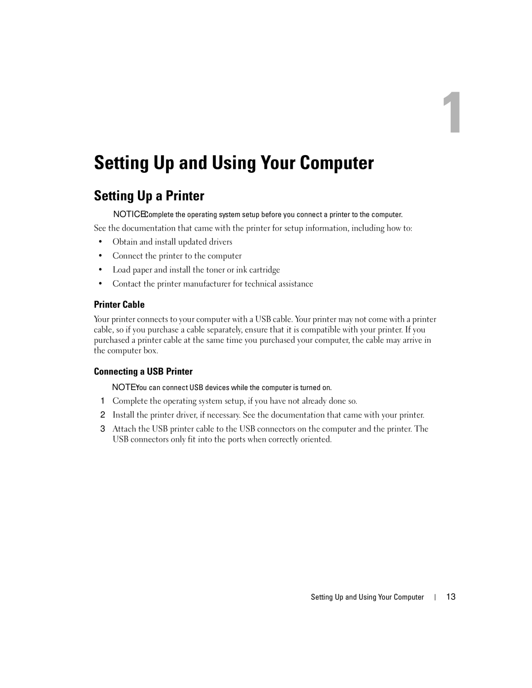 Dell 3100C owner manual Setting Up a Printer, Printer Cable, Connecting a USB Printer, Setting Up and Using Your Computer 