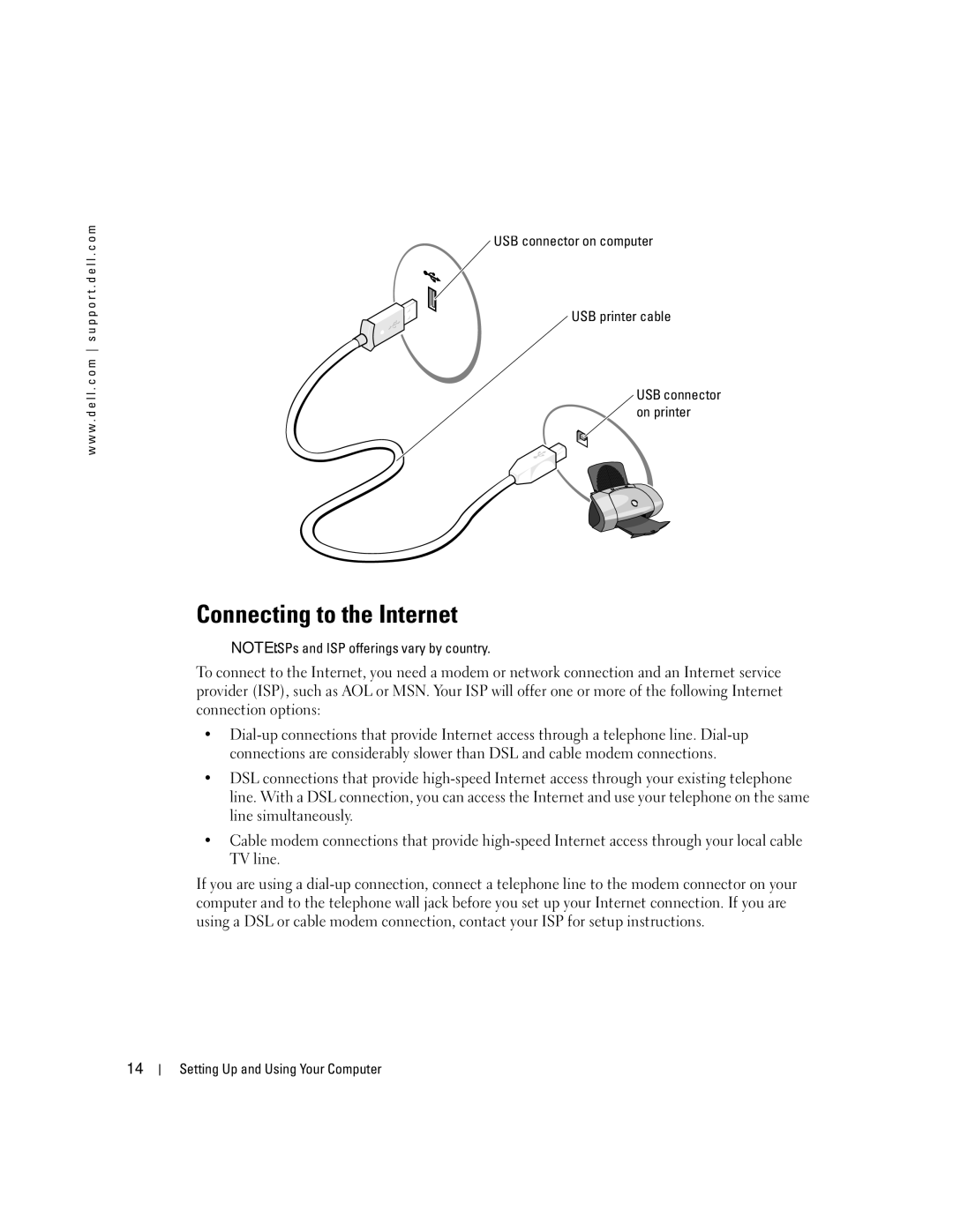 Dell 3100C owner manual Connecting to the Internet, USB connector on computer USB printer cable 