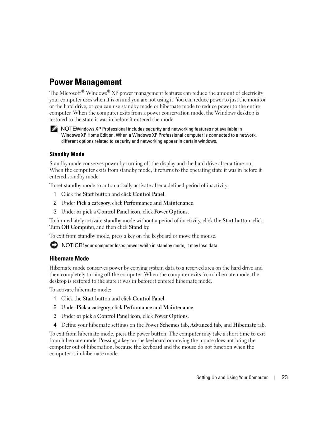 Dell 3100C owner manual Power Management, Standby Mode, Hibernate Mode 