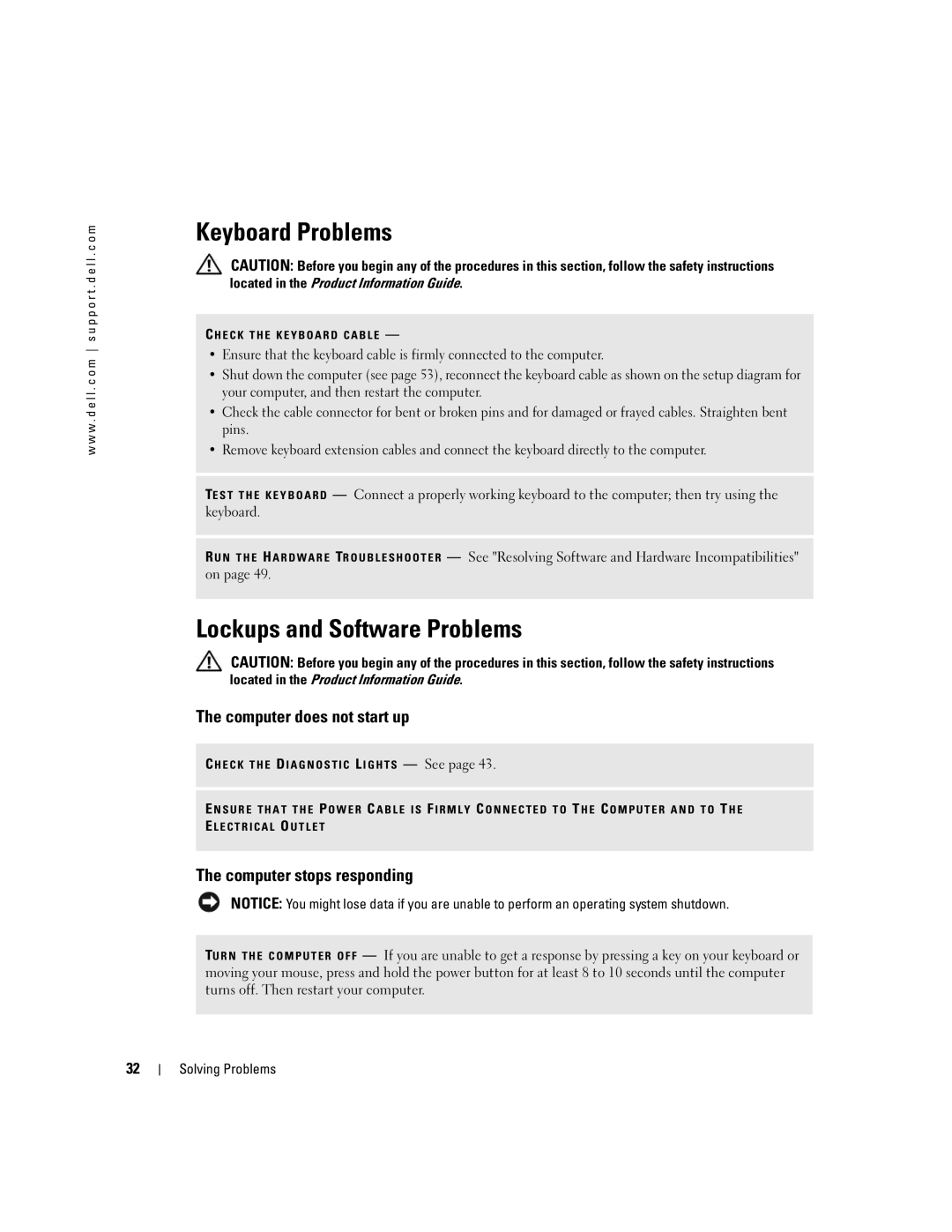 Dell 3100C Keyboard Problems, Lockups and Software Problems, Computer does not start up, Computer stops responding 