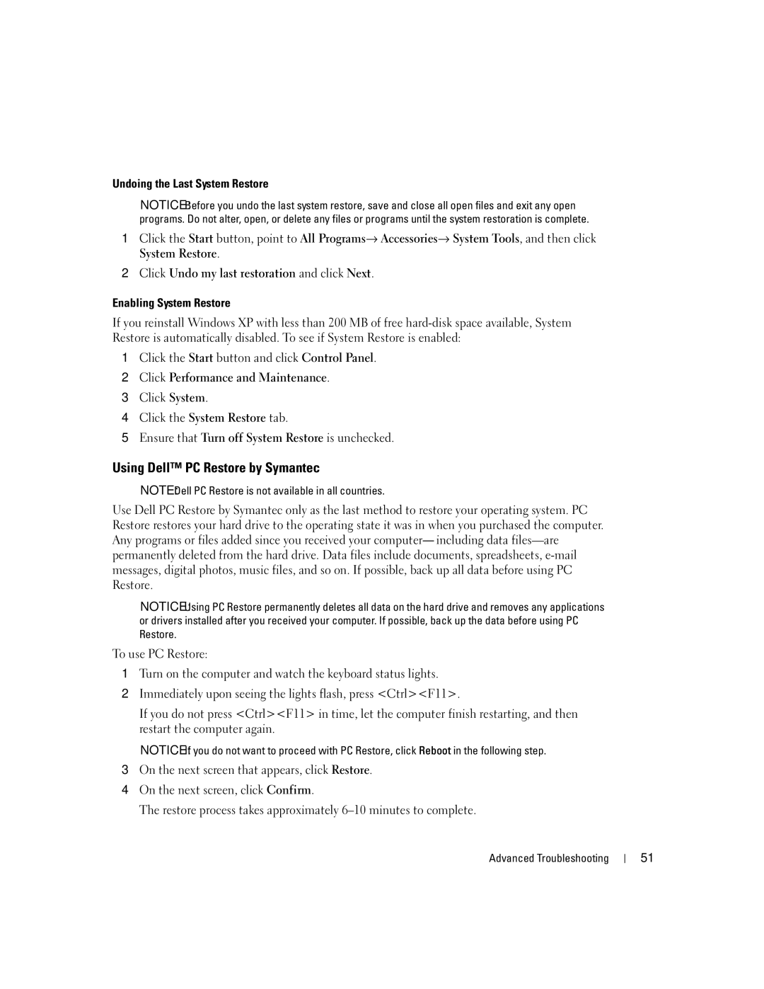 Dell 3100C owner manual Using Dell PC Restore by Symantec, Undoing the Last System Restore, Enabling System Restore 