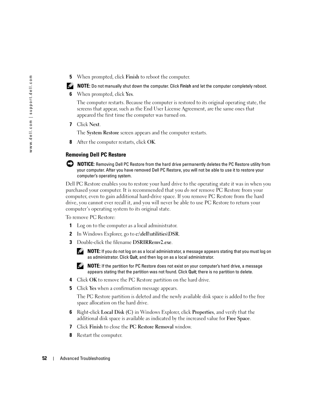 Dell 3100C owner manual Removing Dell PC Restore 